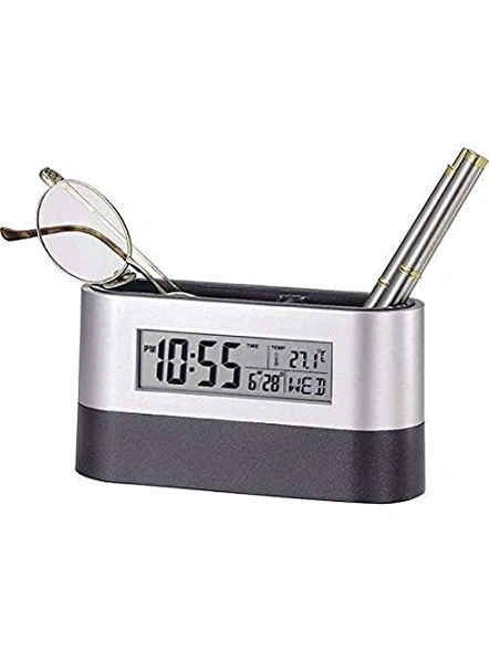 Oval Pen Stand With Clock Pen Holder Time Alarm (Multicolor) G11.-G11