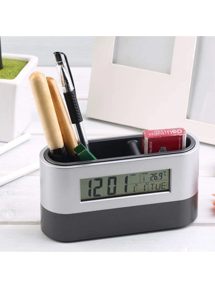 Oval Pen Stand With Clock Pen Holder Time Alarm (Multicolor) G11.-1