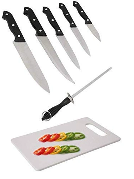 7 PCS Stainless Steel Kitchen Knife Set with Sharpener &amp; Plastic Chopping Board (Multicolor) G36-G36