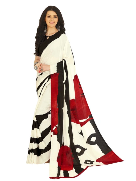 Digital Printed Crepe Saree in White, Black and Red-E1