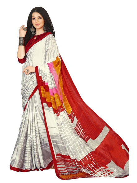 Digital Printed Crepe Saree in Off White and Red-E3