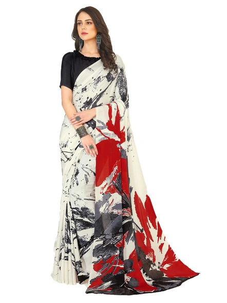 Digital Printed Crepe Saree in White, Grey and Red-E4