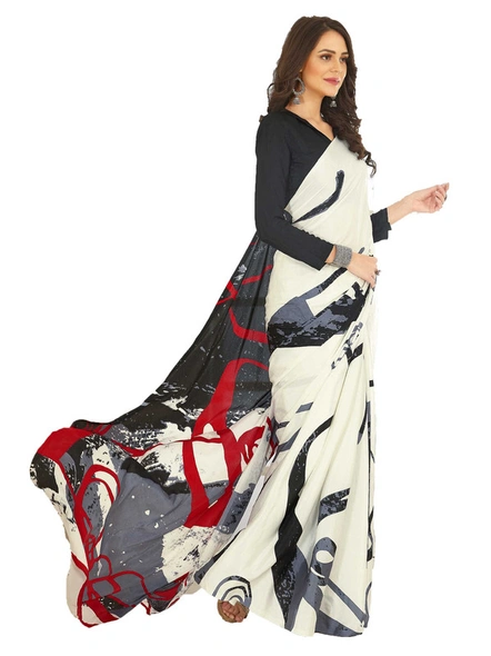 Digital Printed Crepe Saree in White, Black and Red-E5