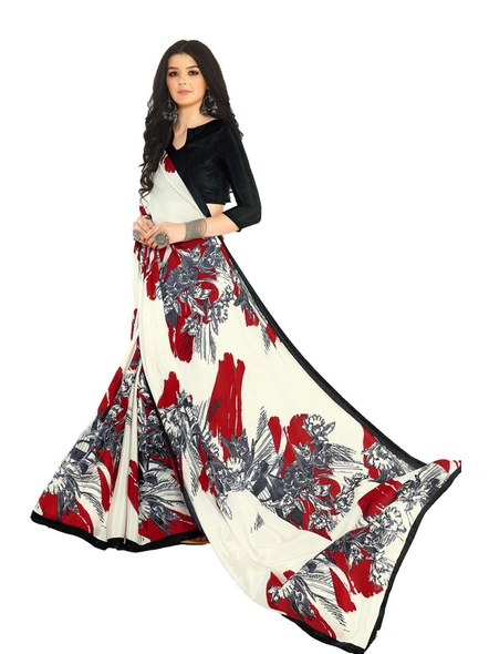 Digital Printed Crepe Saree in White, Black and Red-E6