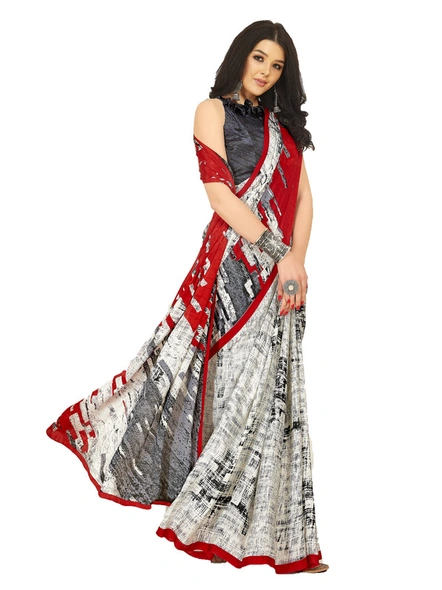 Digital Printed Crepe Saree in Off White, Grey and Red-E7