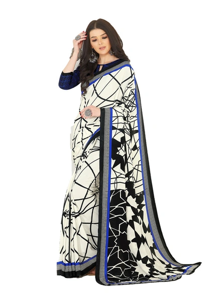 Digital Abstract Printed Crepe Saree in Black, White and Blue-E11