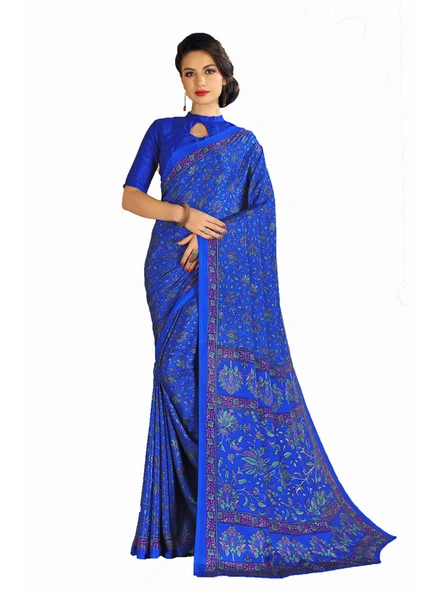 Traditional Silk Print Blue Crepe Saree-E59