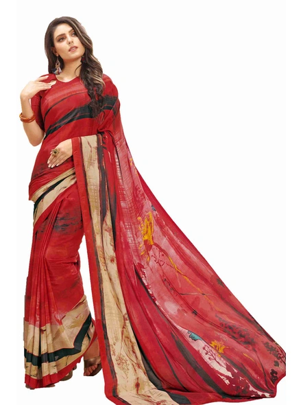Digital Abstract Printed Crepe Saree in Red-E122