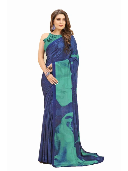 Digital Abstract Printed Crepe Saree in Blue-E127