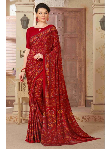 Red Traditional Floral Crepe Printed Saree-E140