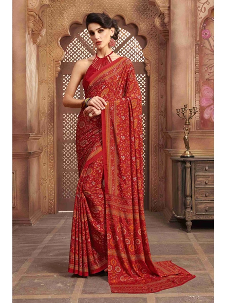 Red Traditional Floral Crepe Printed Saree-E162