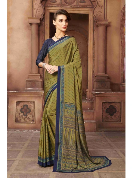 Olive Green Traditional Floral Crepe Printed Saree-E167