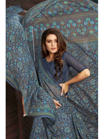 Grey Floral Silk Chiffon Printed Saree With Blouse-E181