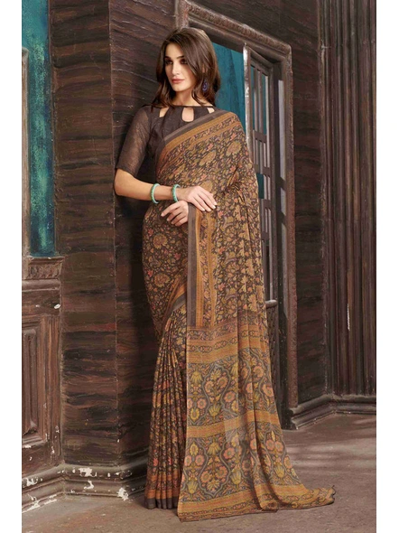 Brown Floral Silk Chiffon Printed Saree With Blouse-E182