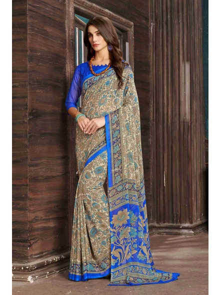 Beige Floral Silk Chiffon Printed Saree With Blouse-E188