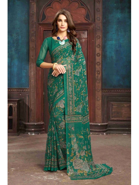 Green Floral Silk Chiffon Printed Saree With Blouse-E190