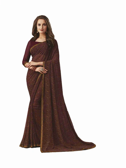 Brown Georgette Printed Saree with Fancy Lace Border-E223