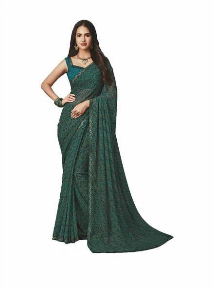 Tel Green Georgette Printed Saree with Fancy Lace Border-E224