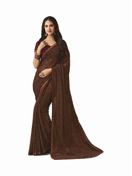 Brown Georgette Printed Saree with Fancy Lace Border-E225