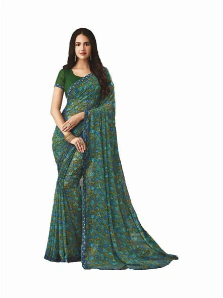Rama Green Georgette Printed Saree with Fancy Lace Border-E228