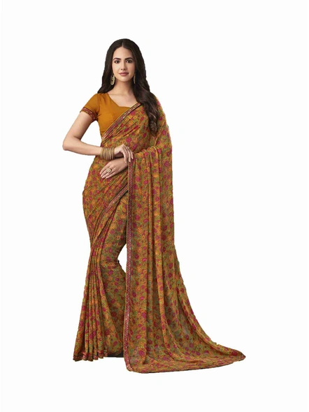 Mustard Georgette Printed Saree with Fancy Lace Border-E230