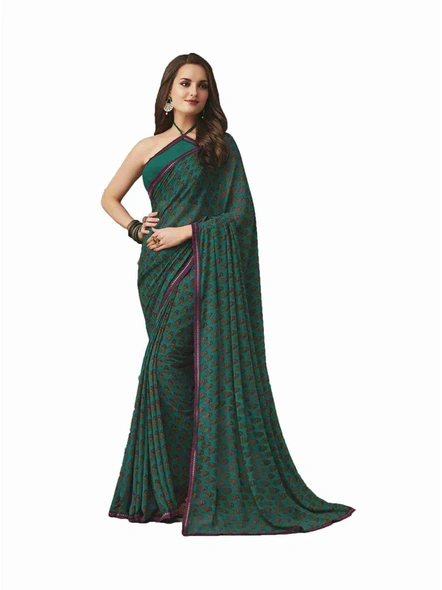 Green Georgette Printed Saree with Fancy Lace Border-E232