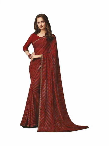 Rust Georgette Printed Saree with Fancy Lace Border-E235