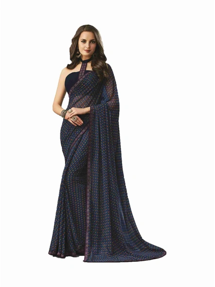 Dark Blue Georgette Printed Saree with Fancy Lace Border-E236