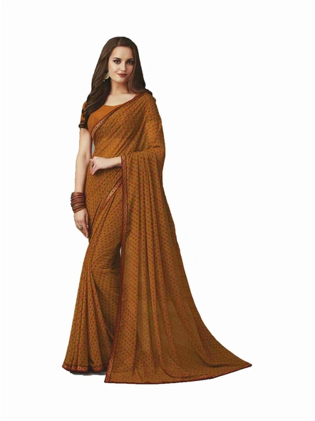 Mustard Georgette Printed Saree with Fancy Lace Border-E238