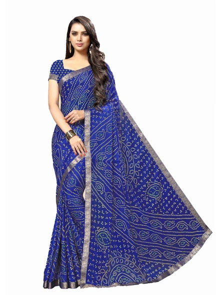Blue Bandhani Chiffon Printed Saree With Fancy Lace Border-E263
