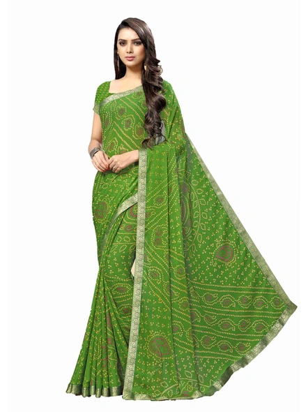 Green Bandhani Chiffon Printed Saree With Fancy Lace Border-E267