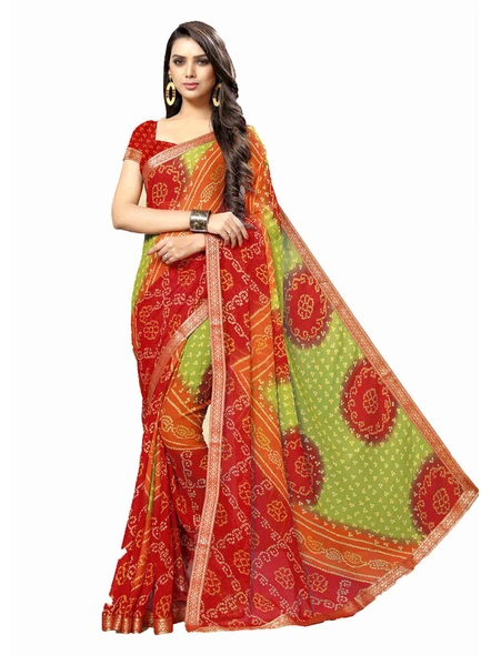 Multi Color Bandhani Chiffon Printed Saree With Fancy Lace Border-E272
