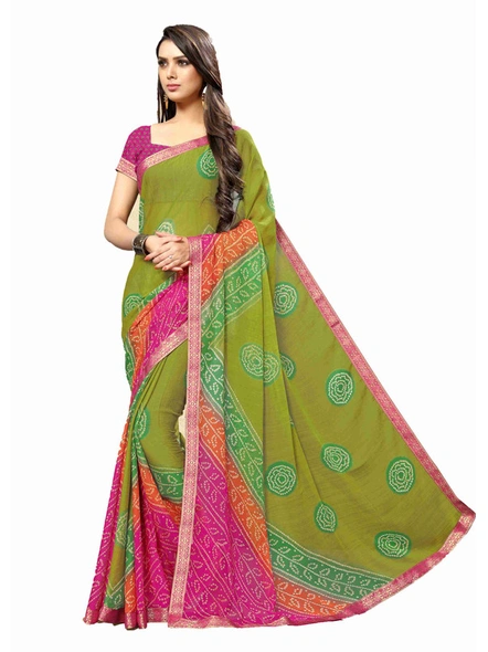 Ice Green Bandhani Chiffon Printed Saree With Fancy Lace Border-E274