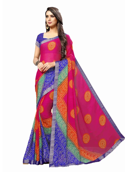 Magenta Bandhani Chiffon Printed Saree With Fancy Lace Border-E275