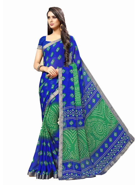 Blue Bandhani Chiffon Printed Saree With Fancy Lace Border-E277