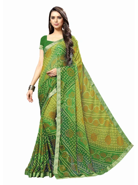Green Bandhani Chiffon Printed Saree With Fancy Lace Border-E278