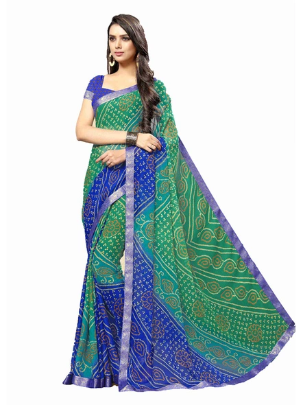Green Bandhani Chiffon Printed Saree With Fancy Lace Border-E281