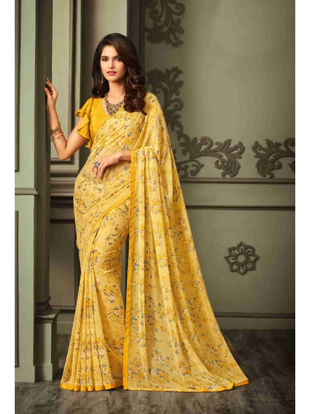 Yellow Georgette Floral Printed Saree With Border-E290