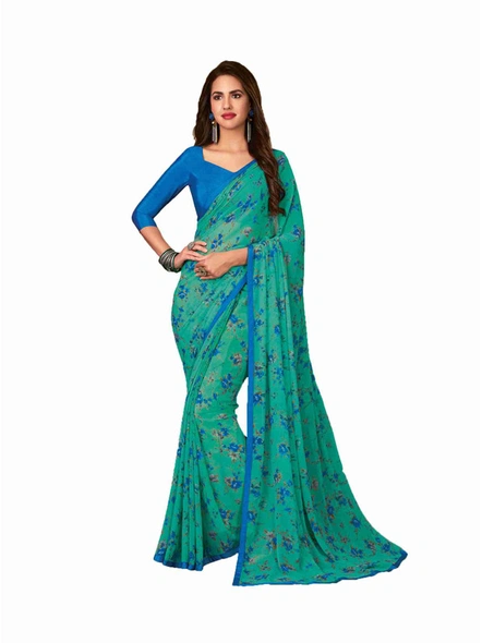 Rama Blue Georgette Floral Printed Saree With Border-E297