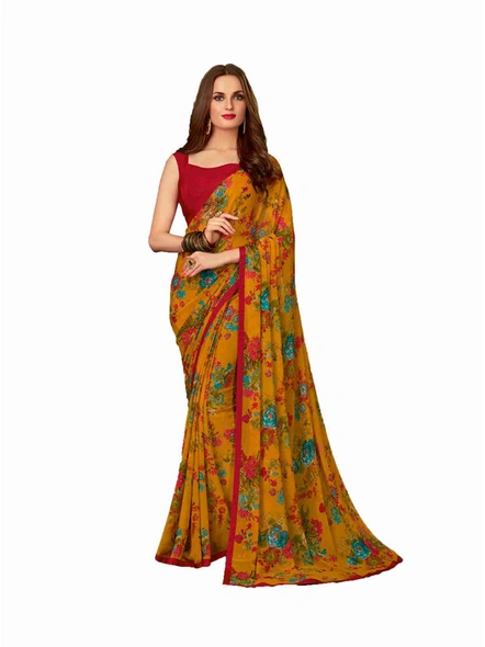 Mustard Georgette Floral Printed Saree With Border-E301