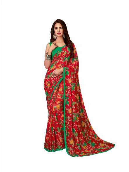 Red Georgette Floral Printed Saree With Border-E304