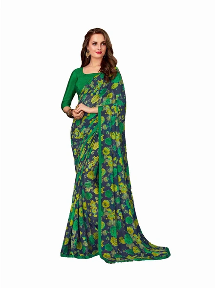 Green Georgette Floral Printed Saree With Border-E305