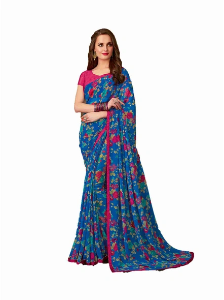Blue Georgette Floral Printed Saree With Border-E307