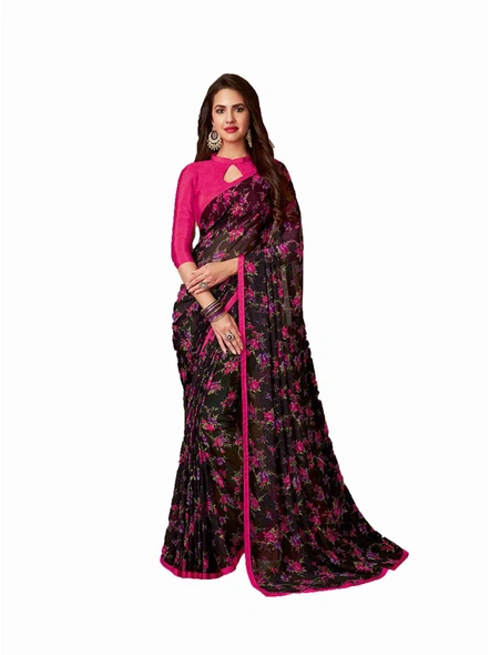 Black Georgette Floral Printed Saree With Border-E309