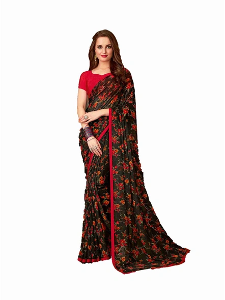 Black Georgette Floral Printed Saree With Border-E310