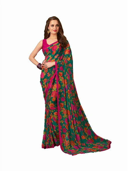 Green Georgette Floral Printed Saree With Border-E311