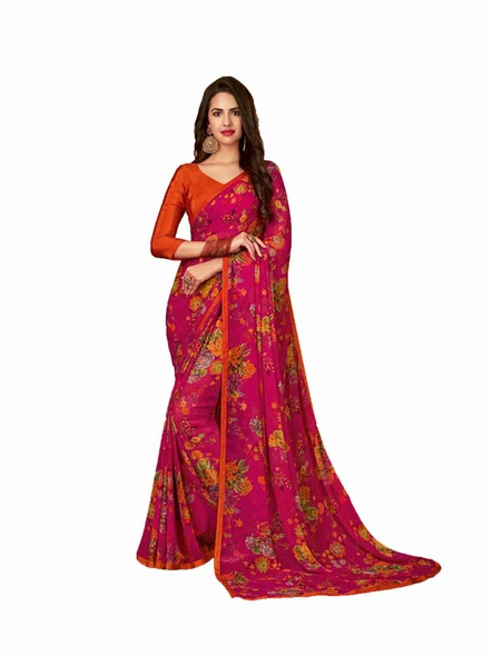 Magenta Georgette Floral Printed Saree With Border-E314