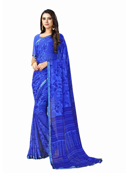 Chiffon Printed Saree With Lace Border in Royal Blue-E318