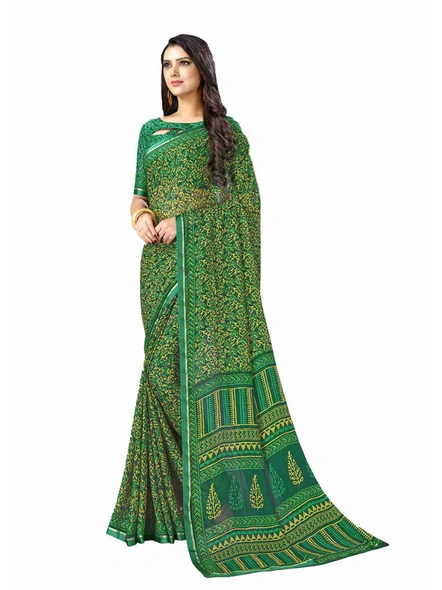 Chiffon Printed Saree With Lace Border in Green-E325