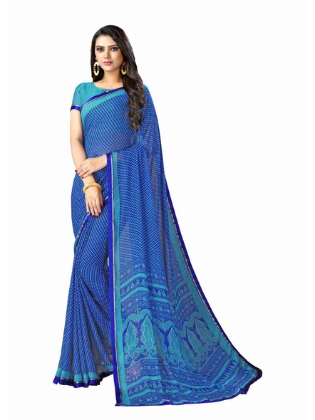 Chiffon Printed Saree With Lace Border in Blue-E331